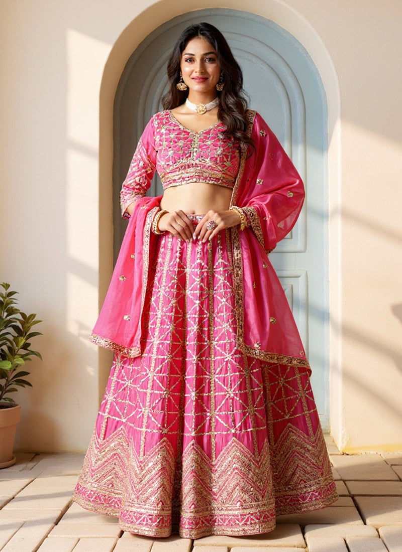 Pink Chinon Lehenga Embroidery And Sequins Work Wedding Wear