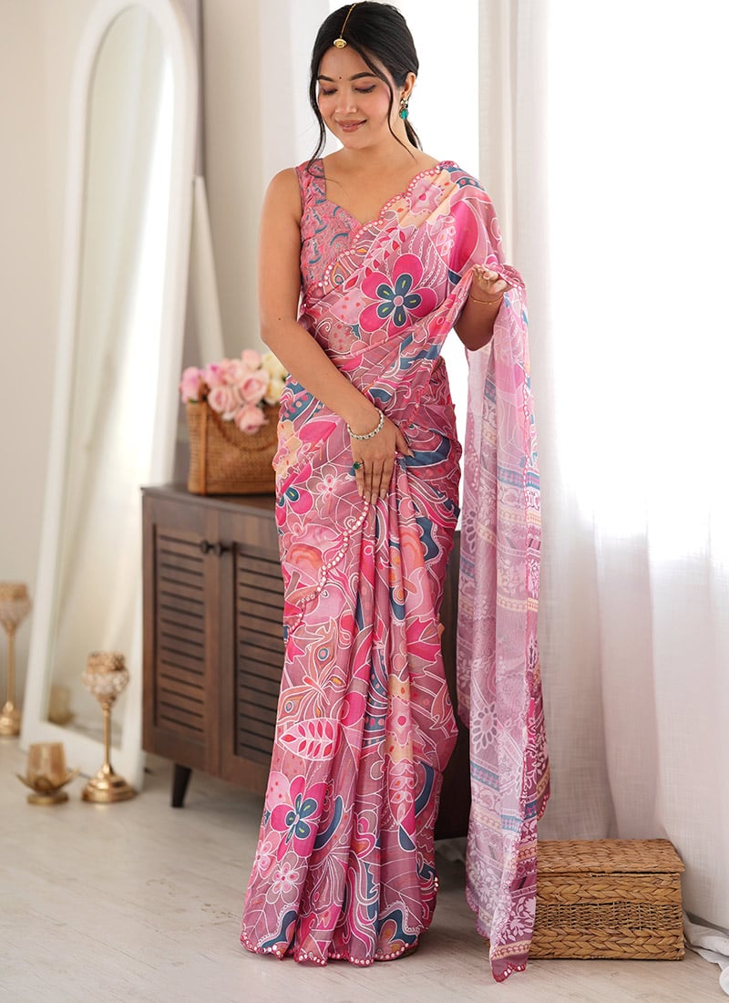Pink Chinon Mirror Work Printed Saree After Six Wear