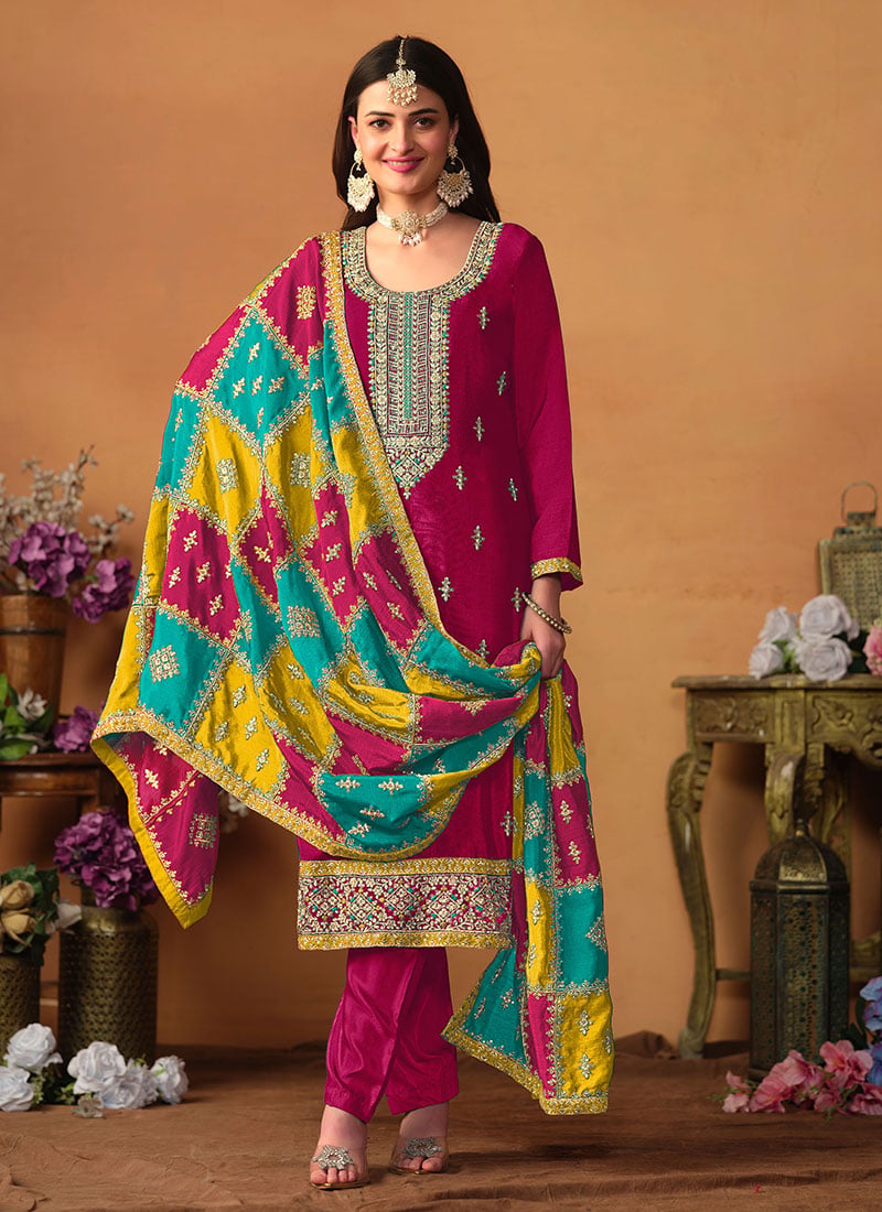 Pink Chinon Sequins Embroidered Straight Pant Suit Party Wear