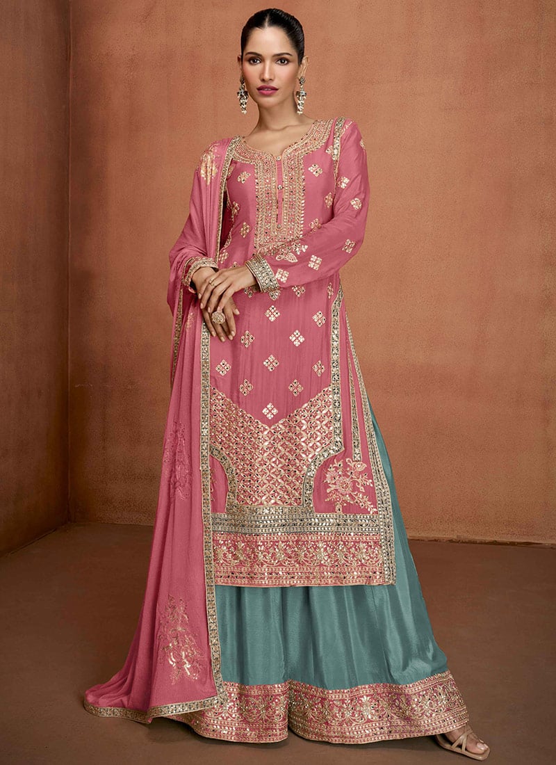 Pink Chinon Sequins Mirror Work Embroidered Pakistani Palazzo Suit Festive Wear