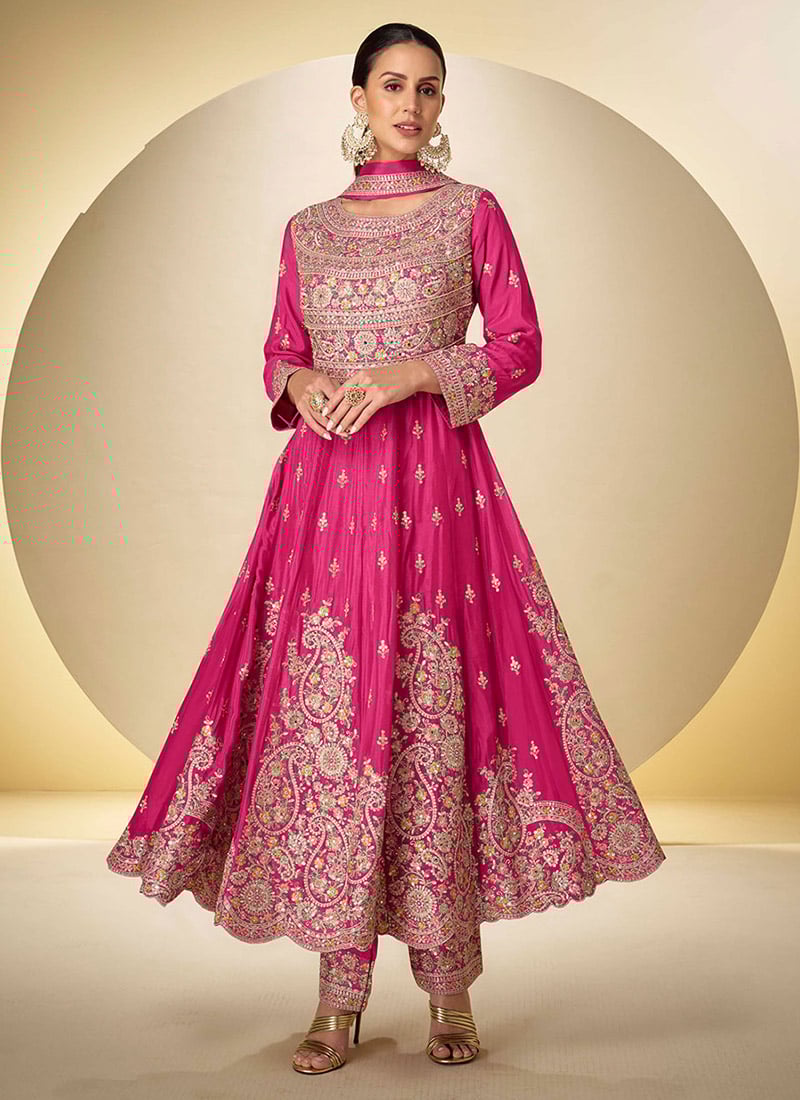 Pink Chinon Sequins Thread Embroidered Anarkali Suit Festive Wear