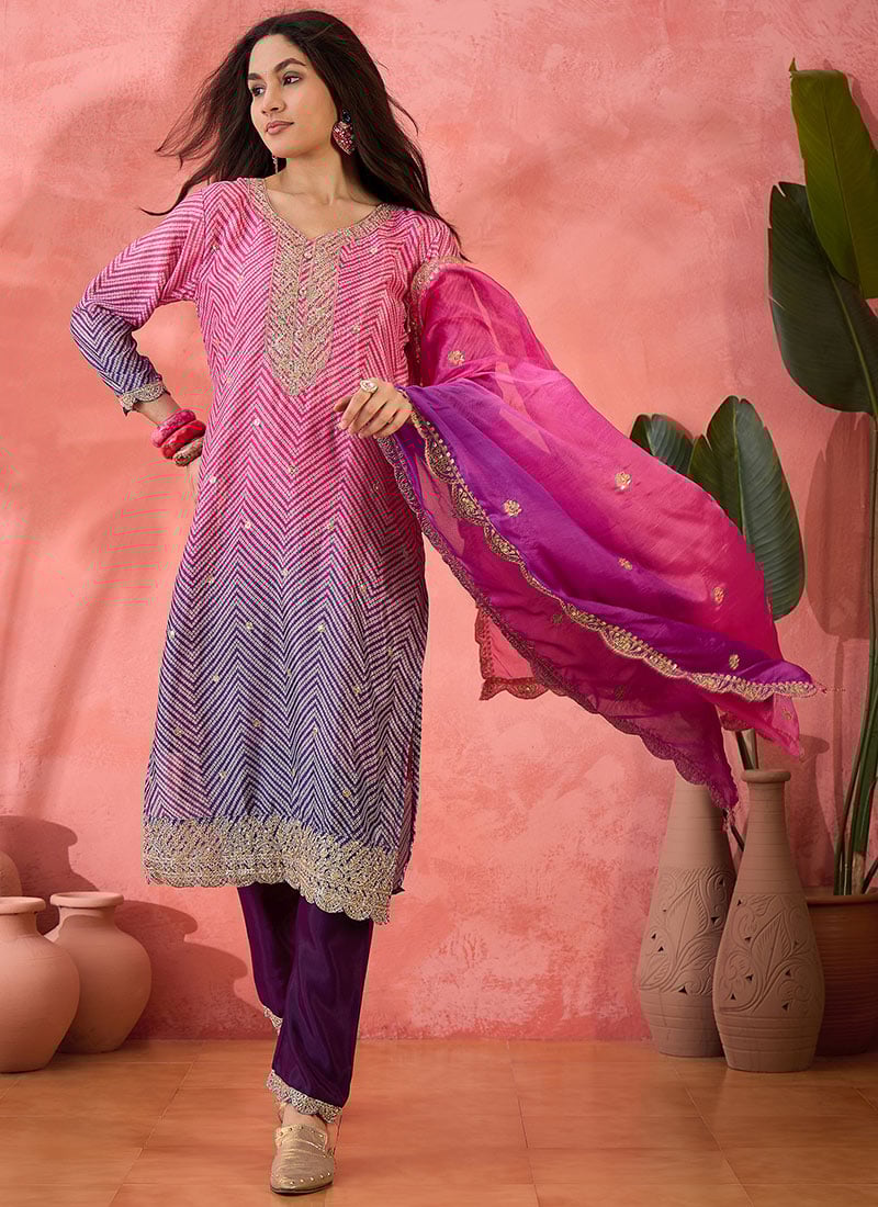 Pink Chinon Silk Bandhani Print Embroidered Sequins Straight Pant Suit Festive Wear