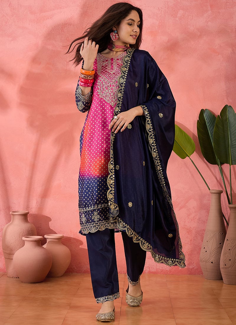 Pink Chinon Silk Bandhani Print Embroidered Sequins Straight Pant Suit