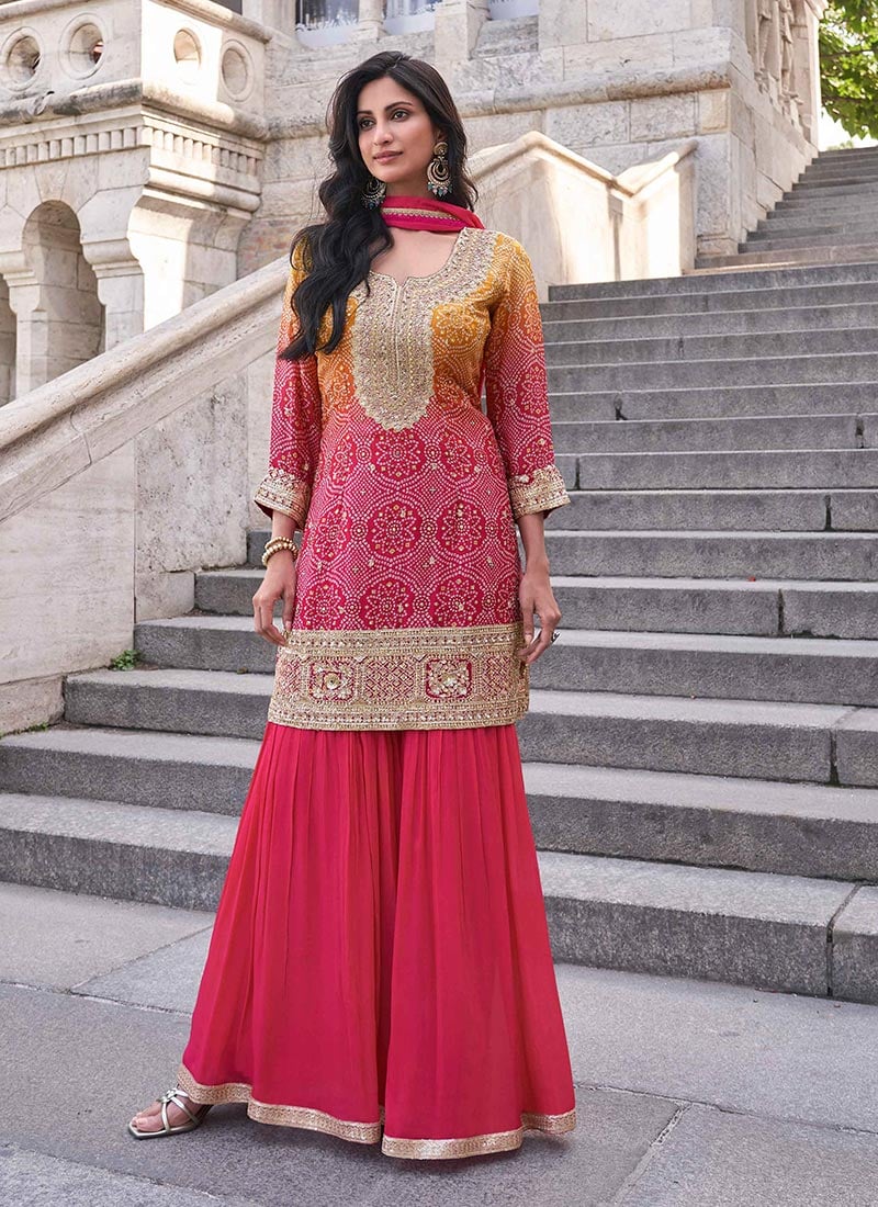 Pink Chinon Silk Bandhini Print Gota Embroidered Sequins Palazzo Suit Festive Wear