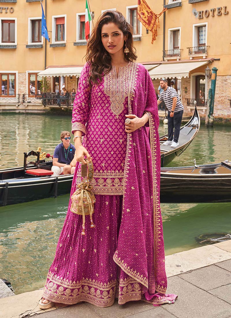 Pink Chinon Silk Bandhini Print Sequins Zari Embroidered Pakistani Palazzo Suit Festive Wear