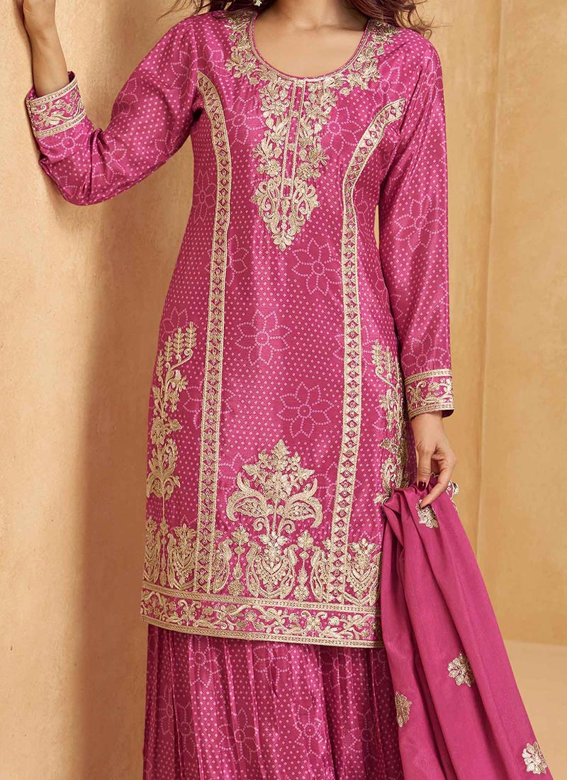 Women pink shaded chinon silk embroidered sequence plazzo suit
