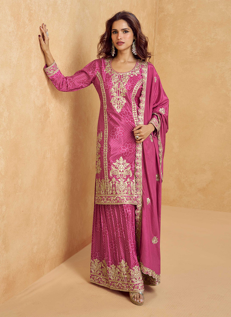 RFSS722 - Pure Modal Satin Orange Party Wear Bandhini Suit.  Comes with Pure Chiffon Chickenkari Sharara and Pure Chiffon Dupatta
