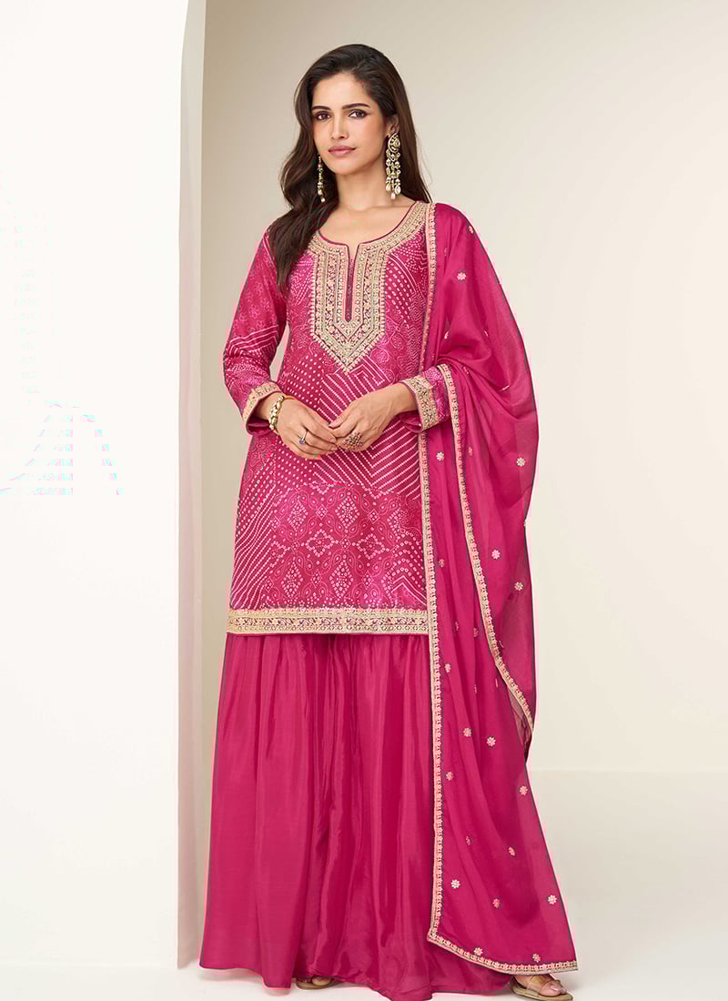 Pink Chinon Silk Bandhini Print Zari Embroidered Sequins Sharara Suit Festive Wear