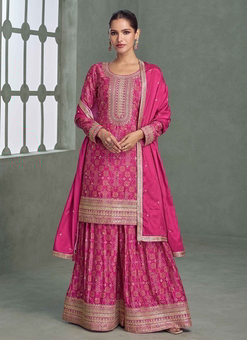 Pink Chinon Silk Bandhini Printed Zari Embroidered Sequins Palazzo Suit Festive Wear