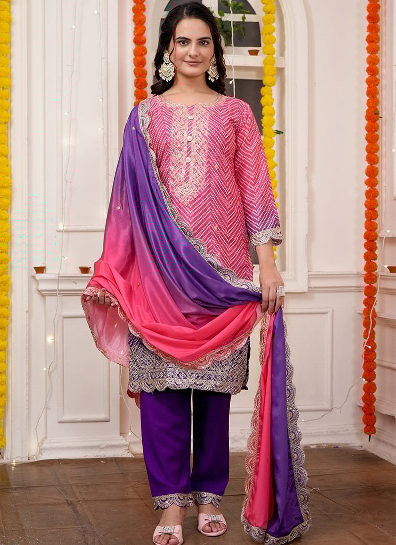 Pink Chinon Silk Bandini Print Embroidered Sequins Straight Pant Suit Festive Wear