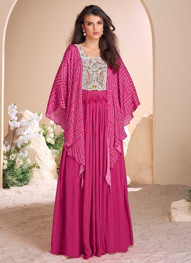 Pink Chinon Silk Beads Embroidered Kaftan Style Gown After Six Wear