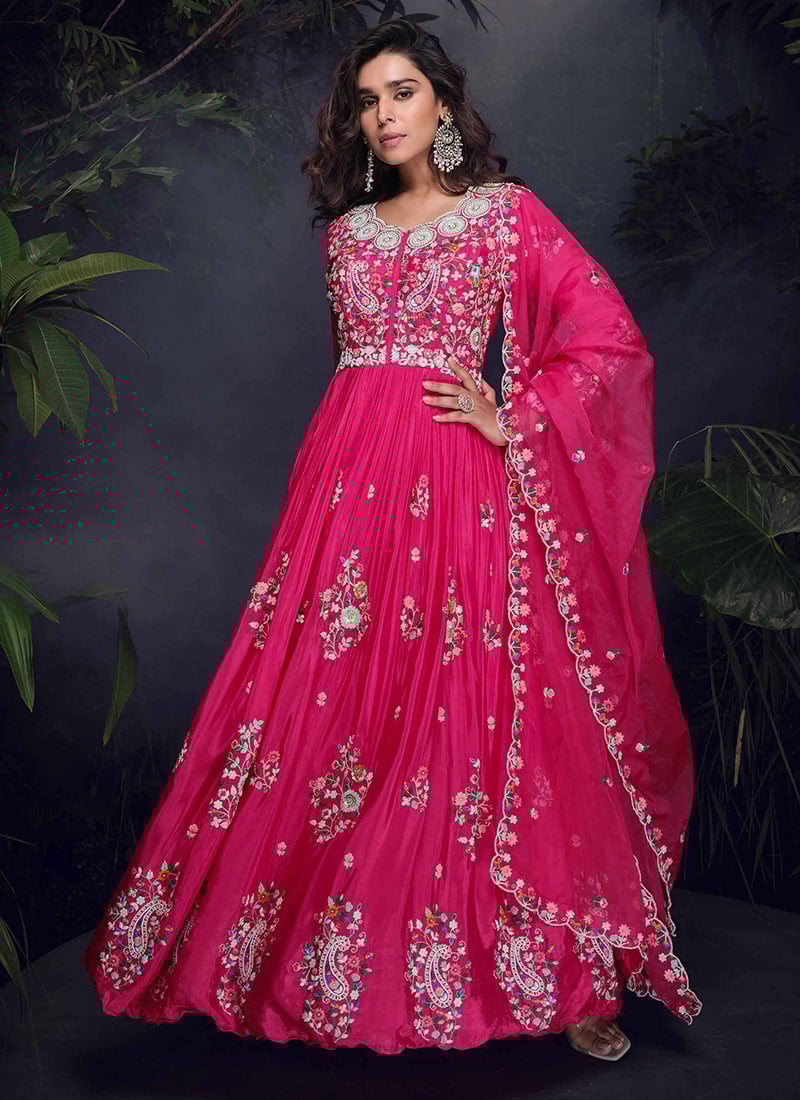 Pink Chinon Silk Beads Sequins Stunning Anarkali Suit Festive Wear