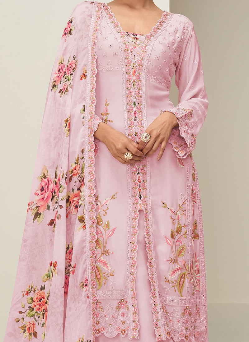 Pink Chinnon Silk Palazzo Suit with Net Dupatta & Intricate Embroidery