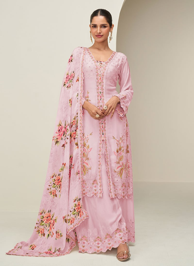 Pink Chinon Silk Digital Print And Thread Embroidered Sequins Palazzo Suit Festive Wear