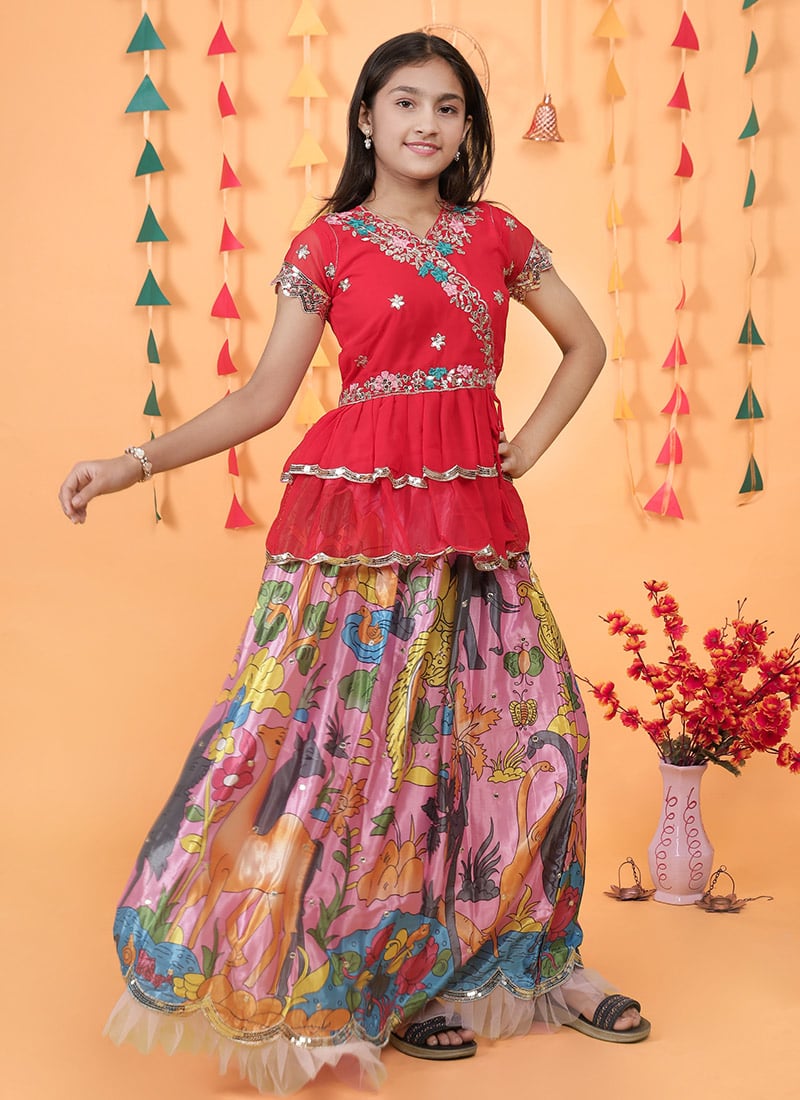 Pink Chinon Silk Digital Print Embroidered Kids Girls Long Choli Lehenga