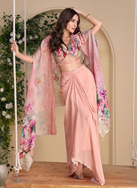 Pink Chinon Silk Digital Print Embroidered Sequins Indowestern Jacket Skirt Set