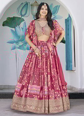 Pink Chinon Silk Digital Print Zari Embroidered Lehenga Wedding Wear