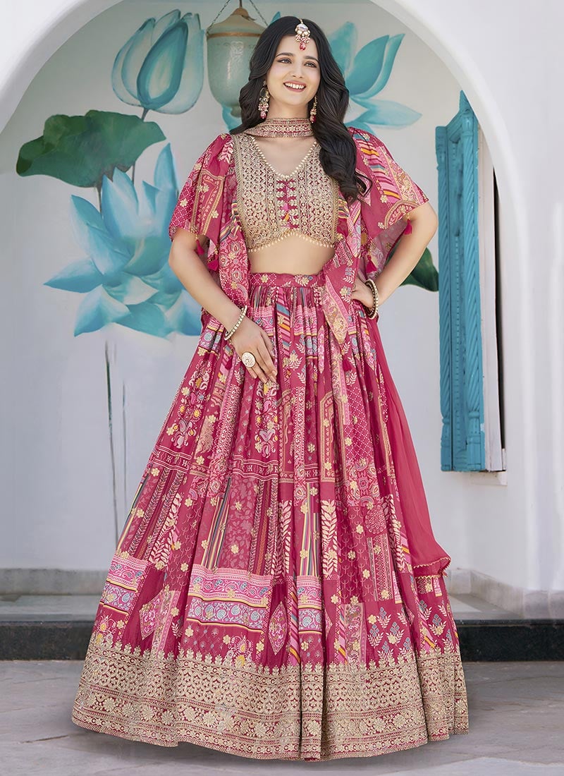 Pink Chinon Silk Digital Print Zari Embroidered Lehenga