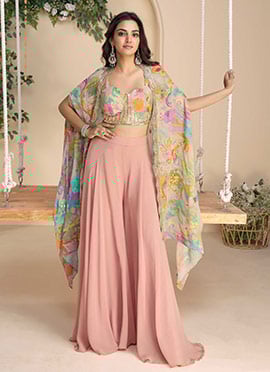 Pink Chinon Silk Digital Print Zari Embroidered Sequins Indowestern Jacket Palazzo Set