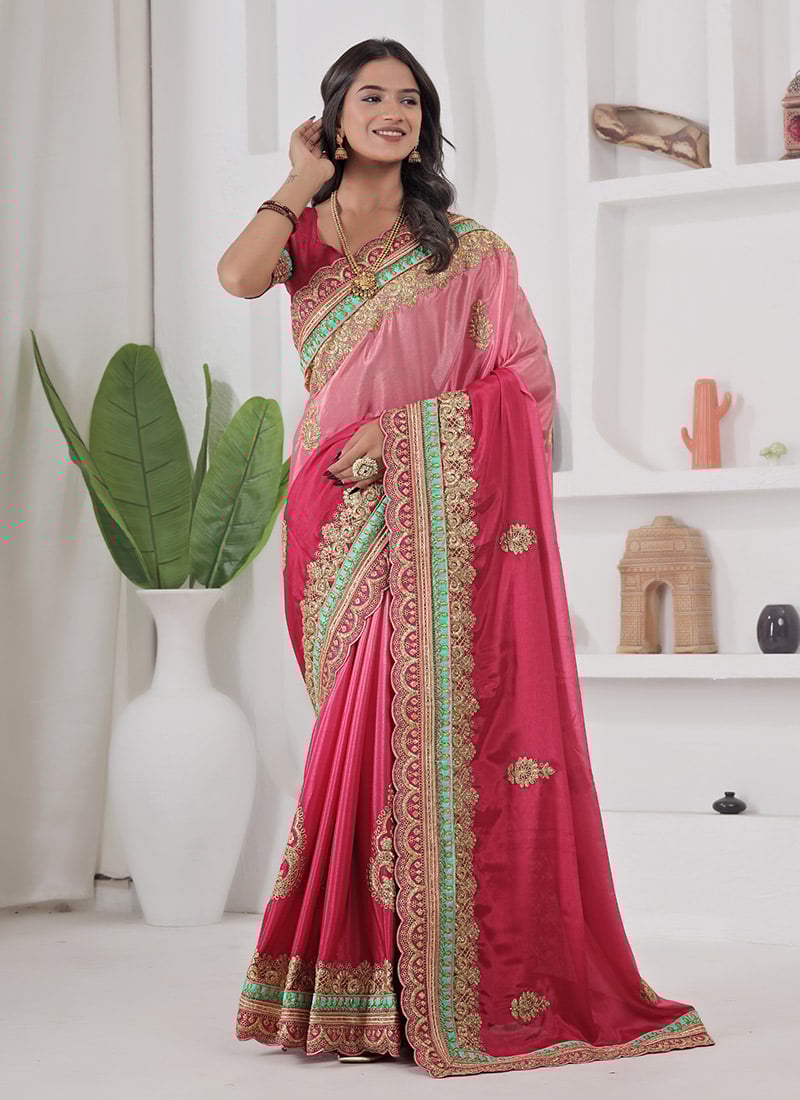 Pink Chinon Silk Embroidered And Coding Work Saree