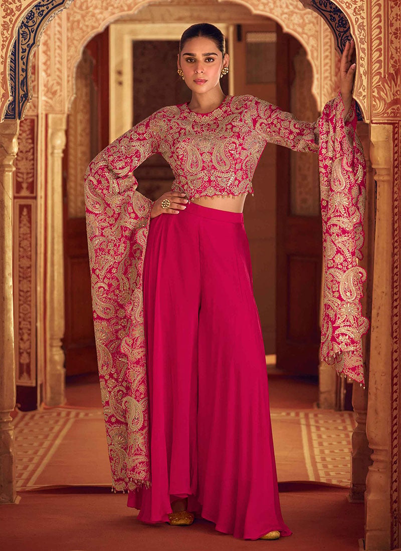 Pink Chinon Silk Embroidered Beads Sequins Indowestern Palazzo Suit Wedding Wear
