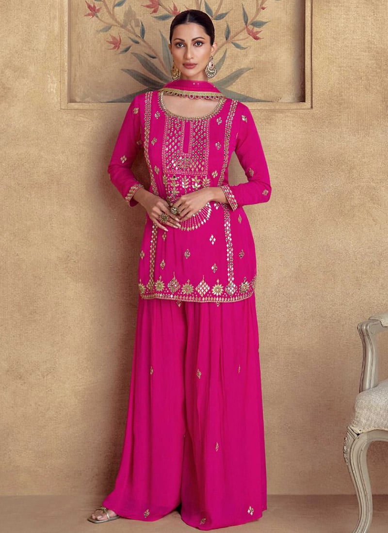 Pink Chinon Silk Embroidered Elegant Palazzo Suit