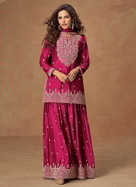 Pink Chinon Silk Embroidered Palazzo Suit