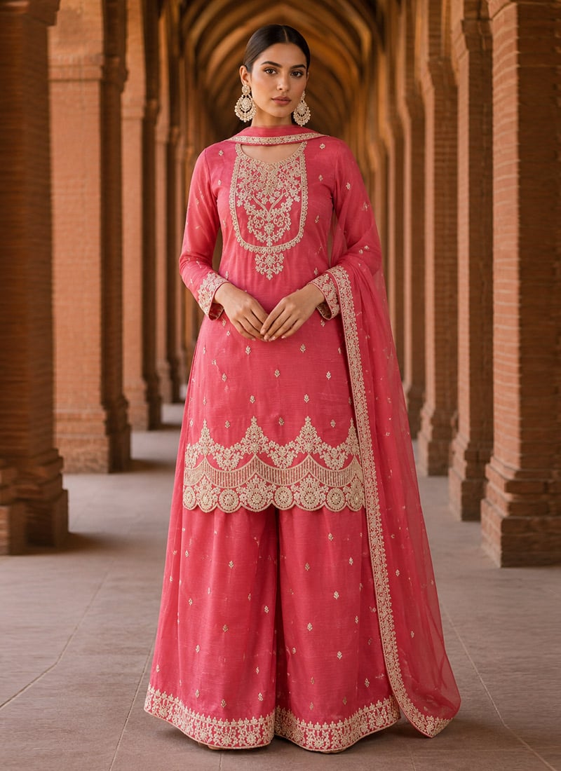 Pink Chinon Silk Embroidered Palazzo Suit After Six Wear