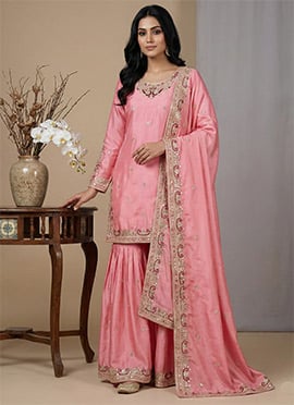 Pink Chinon Silk Embroidered Sequin Sharara Suit
