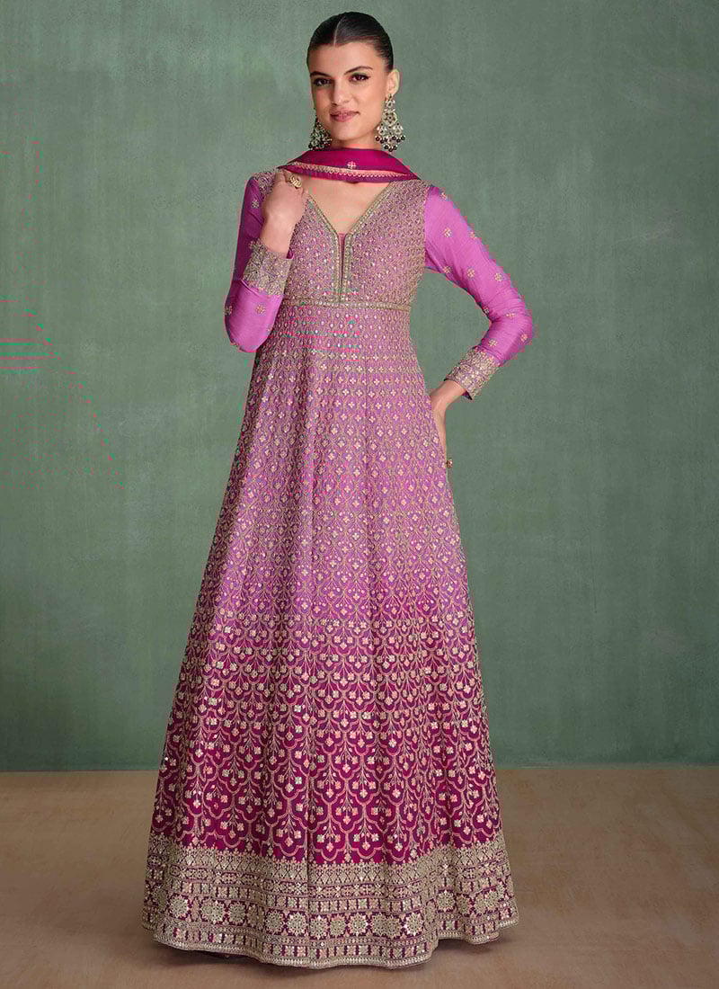 Pink Chinon Silk Embroidered Sequins A Line Gorgeous Anarkali Suit Wedding Wear