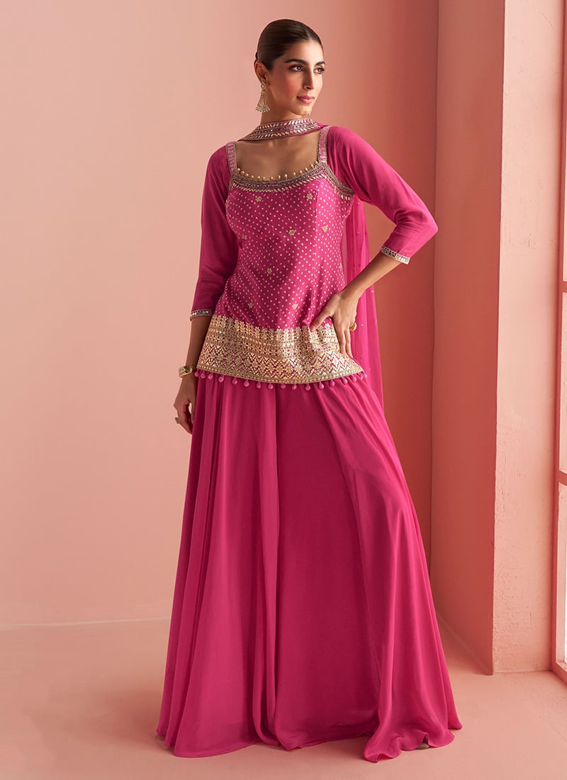 Pink Chinon Silk Embroidered Sequins And Bandhini Print Palazzo Suit Festive Wear