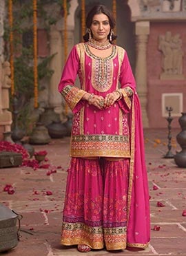 Pink Chinon Silk Embroidered Sequins Mirror Work Digital Print Sharara Suit