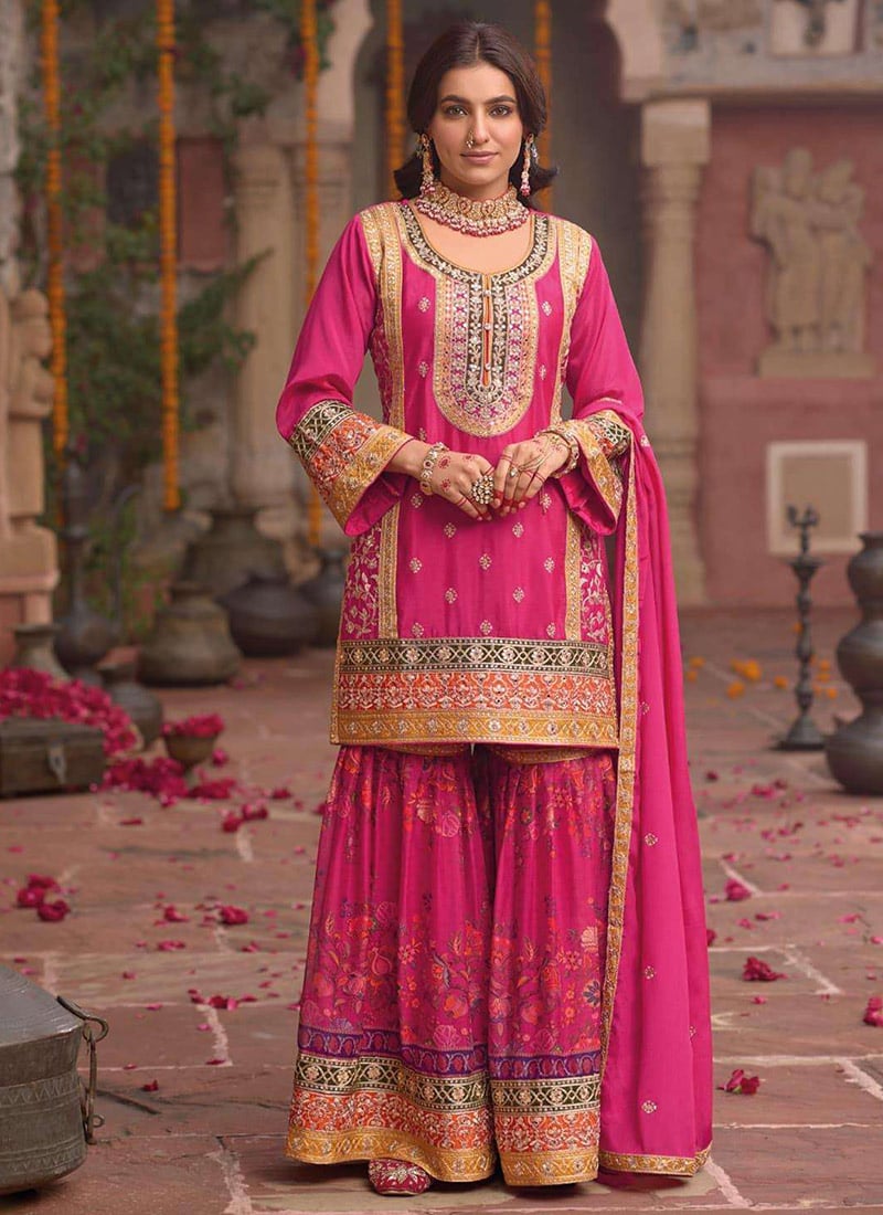 Pink Chinon Silk Embroidered Sequins Mirror Work Digital Print Sharara Suit Festive Wear