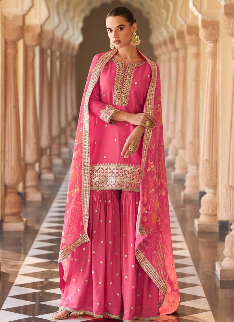 Pink Chinon Silk Embroidered Sequins Mirror Work Printed Sharara Suit Festive Wear