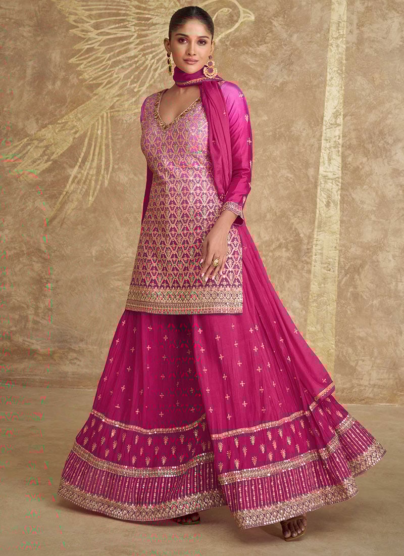 Pink Chinon Silk Embroidered Sequins Palazzo Suit Classy Wear Festive Wear