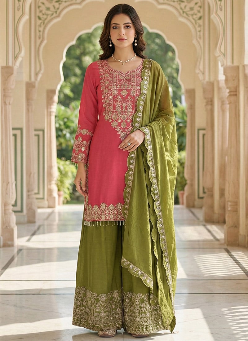 Pink Chinon Silk Embroidered Sequins Palazzo Suit Festive Wear