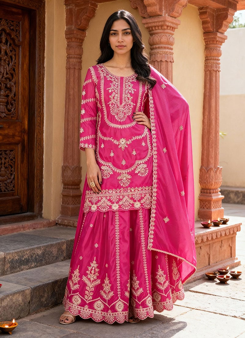Pink Chinon Silk Embroidered Sequins Palazzo Suit Festive Wear