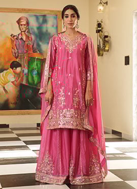 Pink Chinon Silk Embroidered Sequins Palazzo Suit