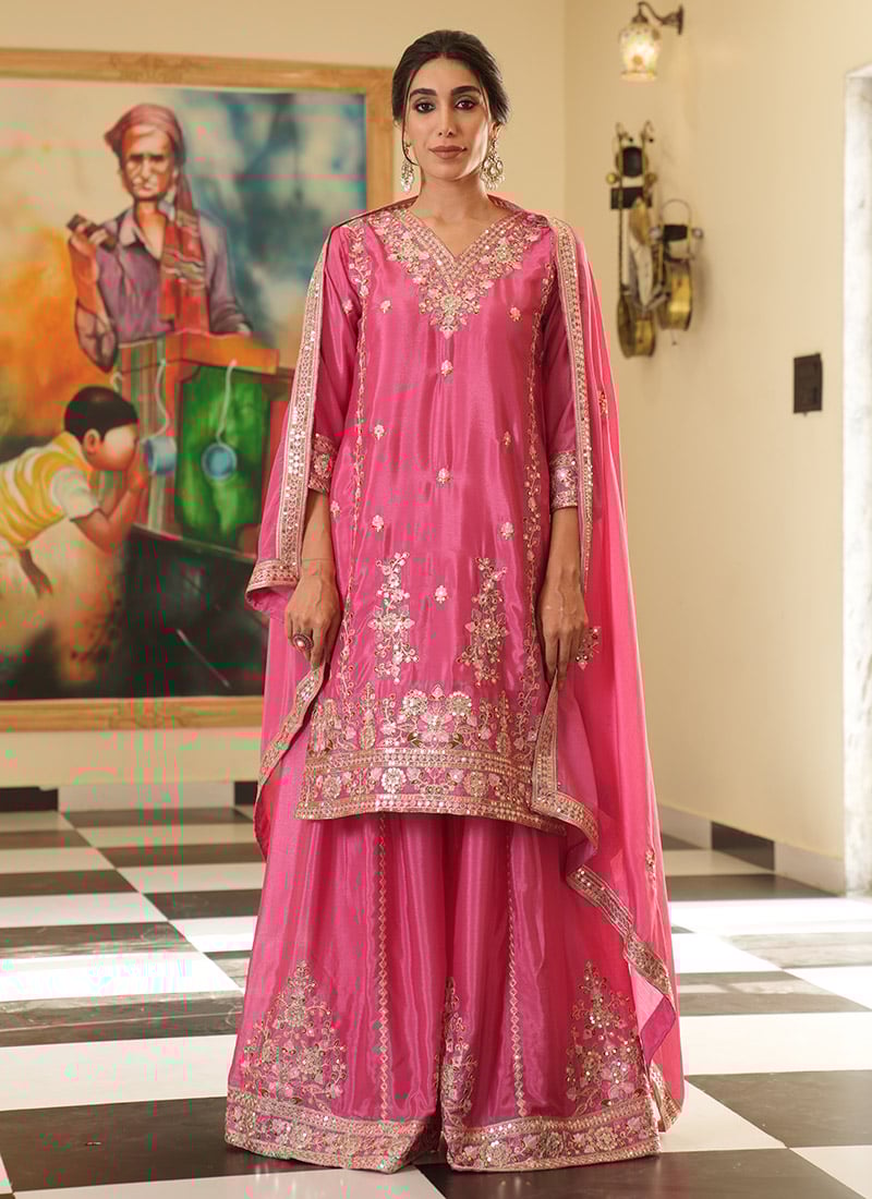 Pink Chinon Silk Embroidered Sequins Palazzo Suit