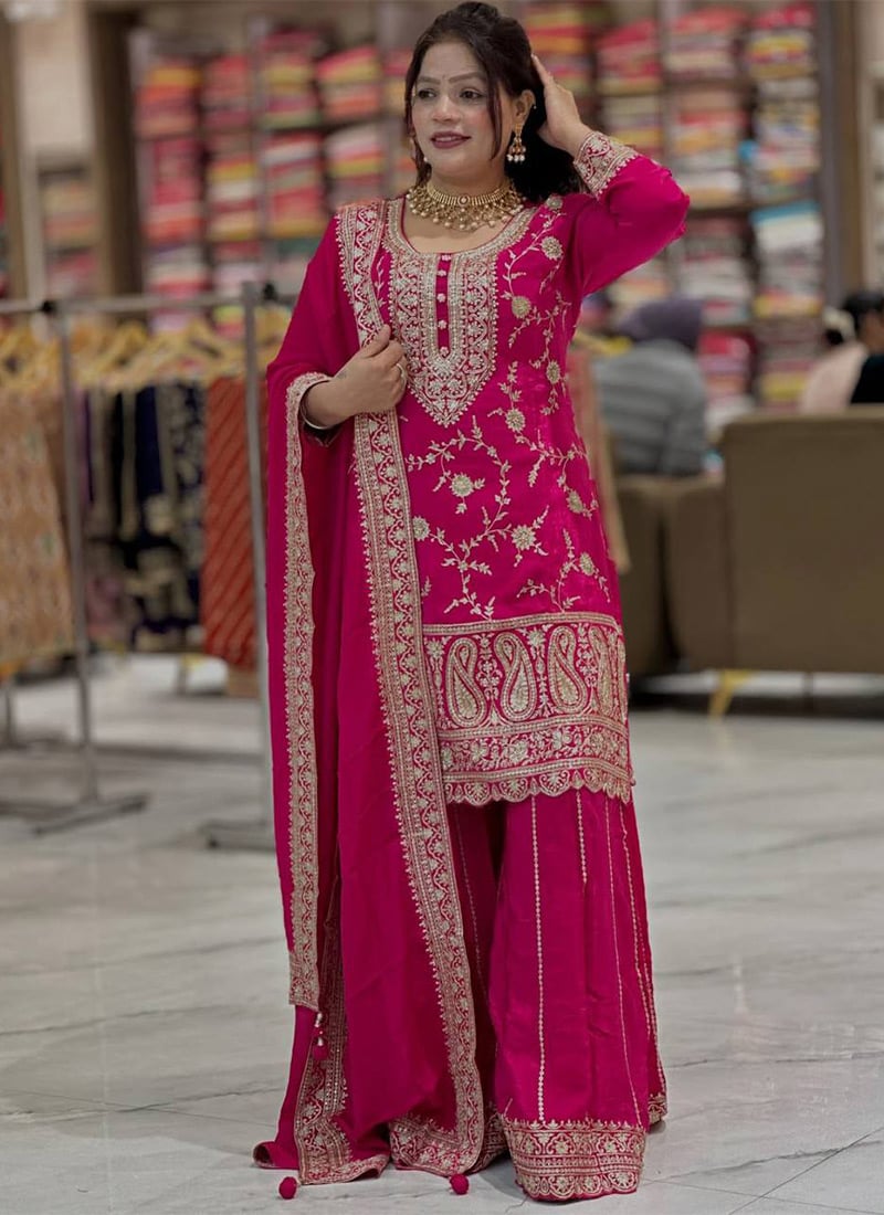 Pink Chinon Silk Embroidered Sequins Palazzo Suit Festive Wear