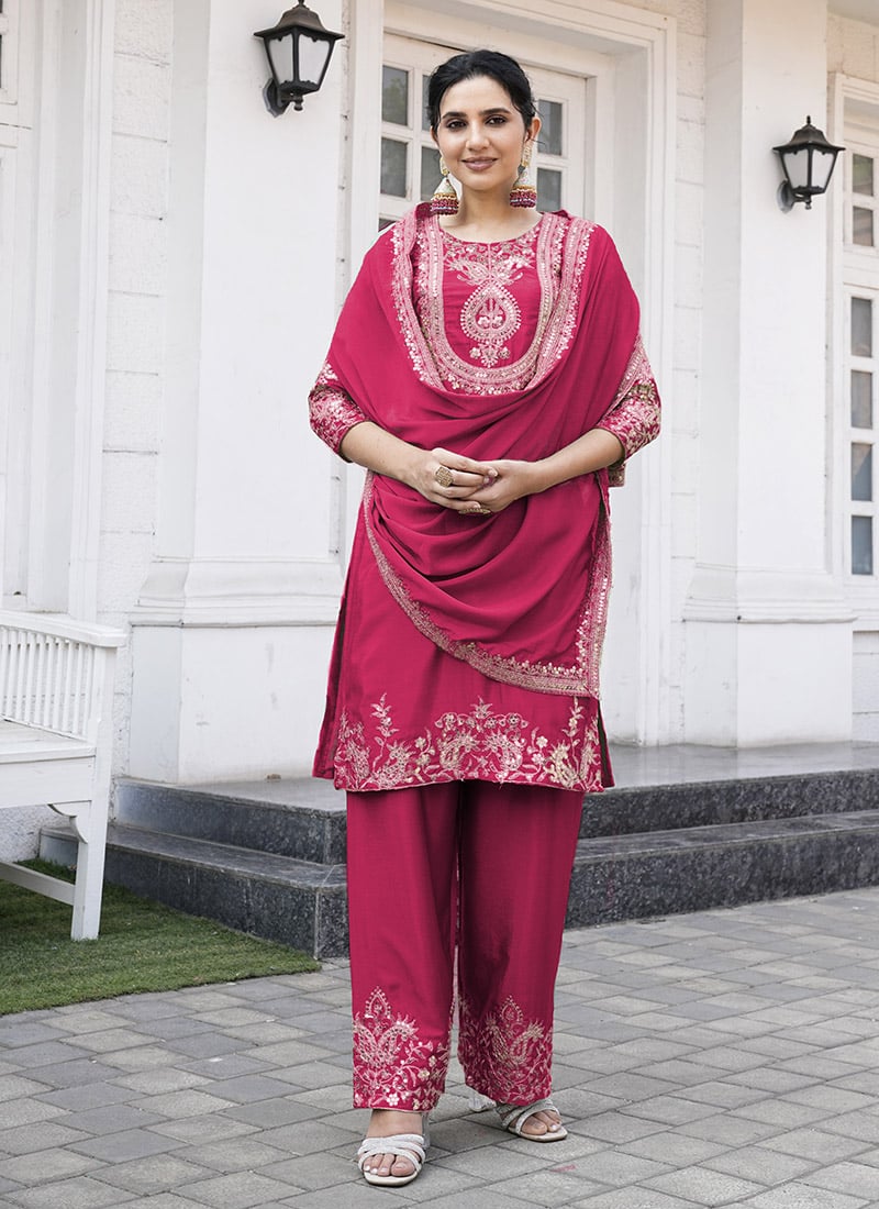 Pink Chinon Silk Embroidered Sequins Straight Pant Suit Festive Wear