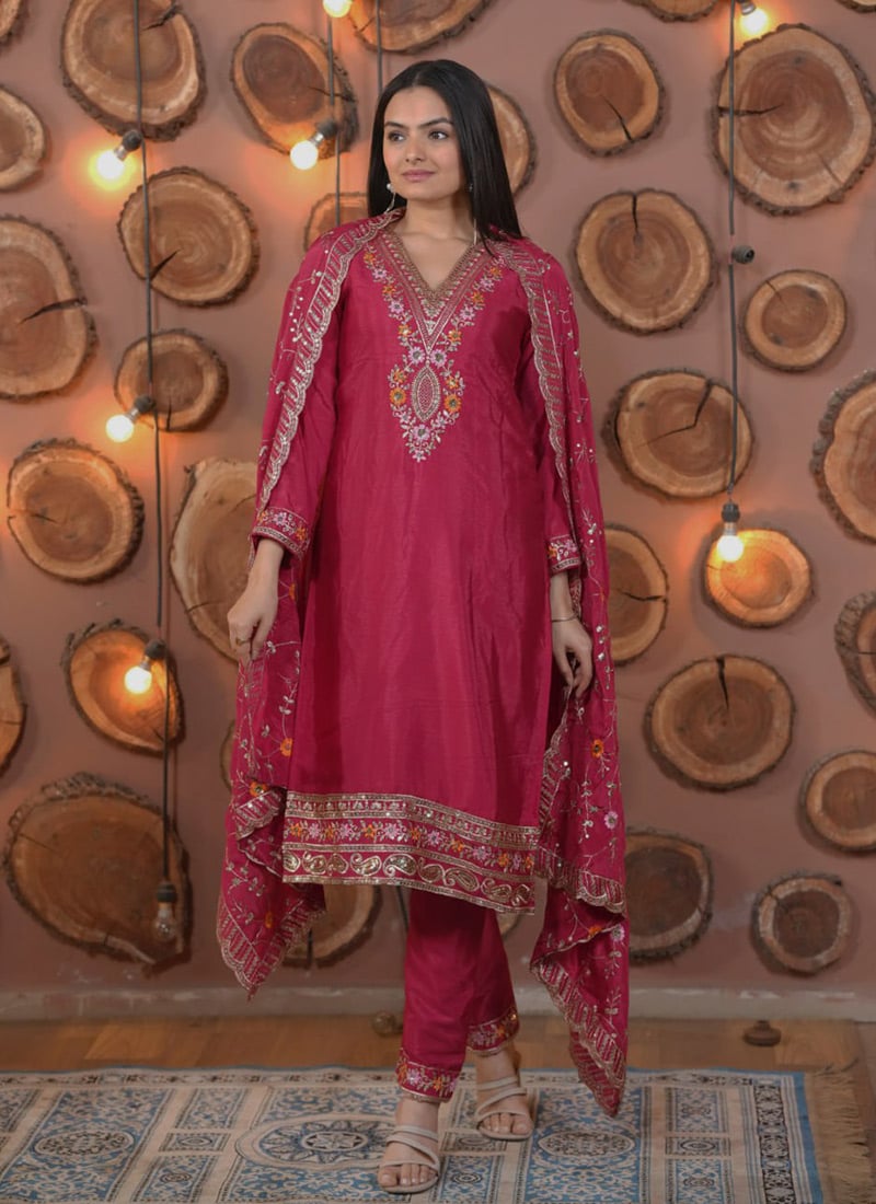 Pink Chinon Silk Embroidered Sequins Straight Pant Suit Festive Wear
