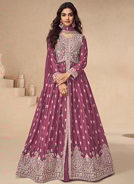 Burgundy Chinon Silk Embroidered Sequins Stunning Anarkali Lehenga