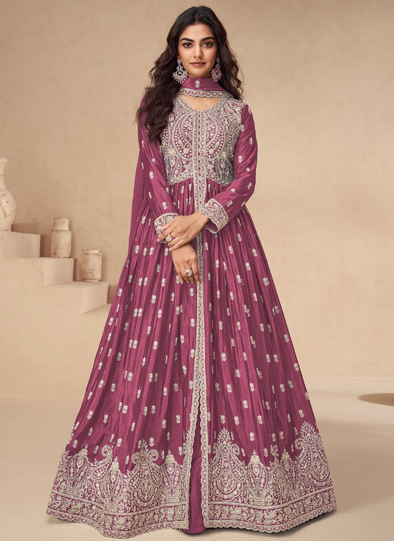 Pink Chinon Silk Embroidered Sequins Stunning Anarkali Lehenga Wedding Wear