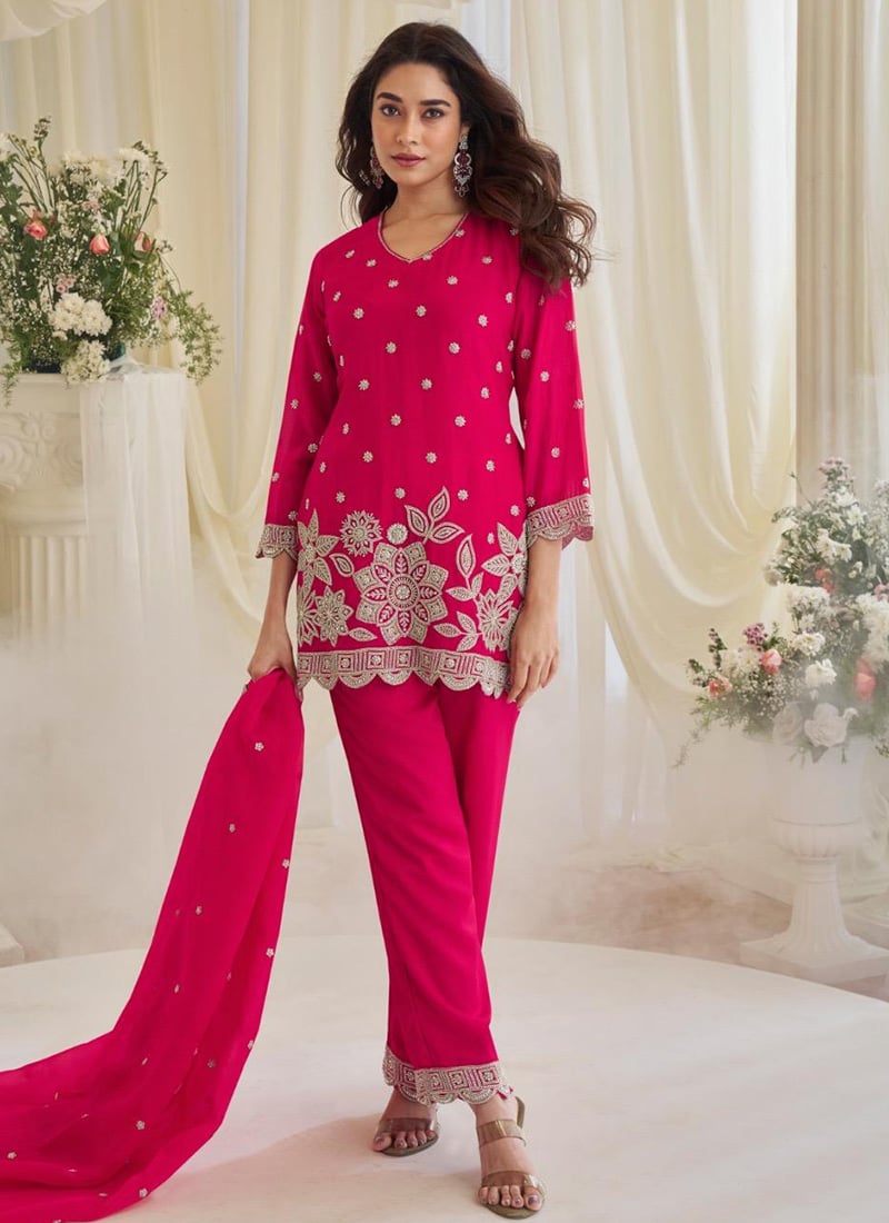 Pink Chinon Silk Embroidered Sequins With Stone And Beads Work Straight Pant Suit Festive Wear