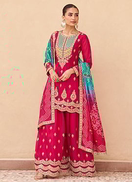Pink Chinon Silk Embroidered Sequins Zari Palazzo Suit