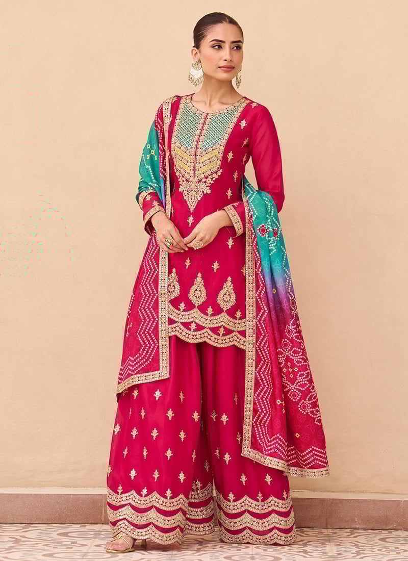 Pink Chinon Silk Embroidered Sequins Zari Palazzo Suit Festive Wear