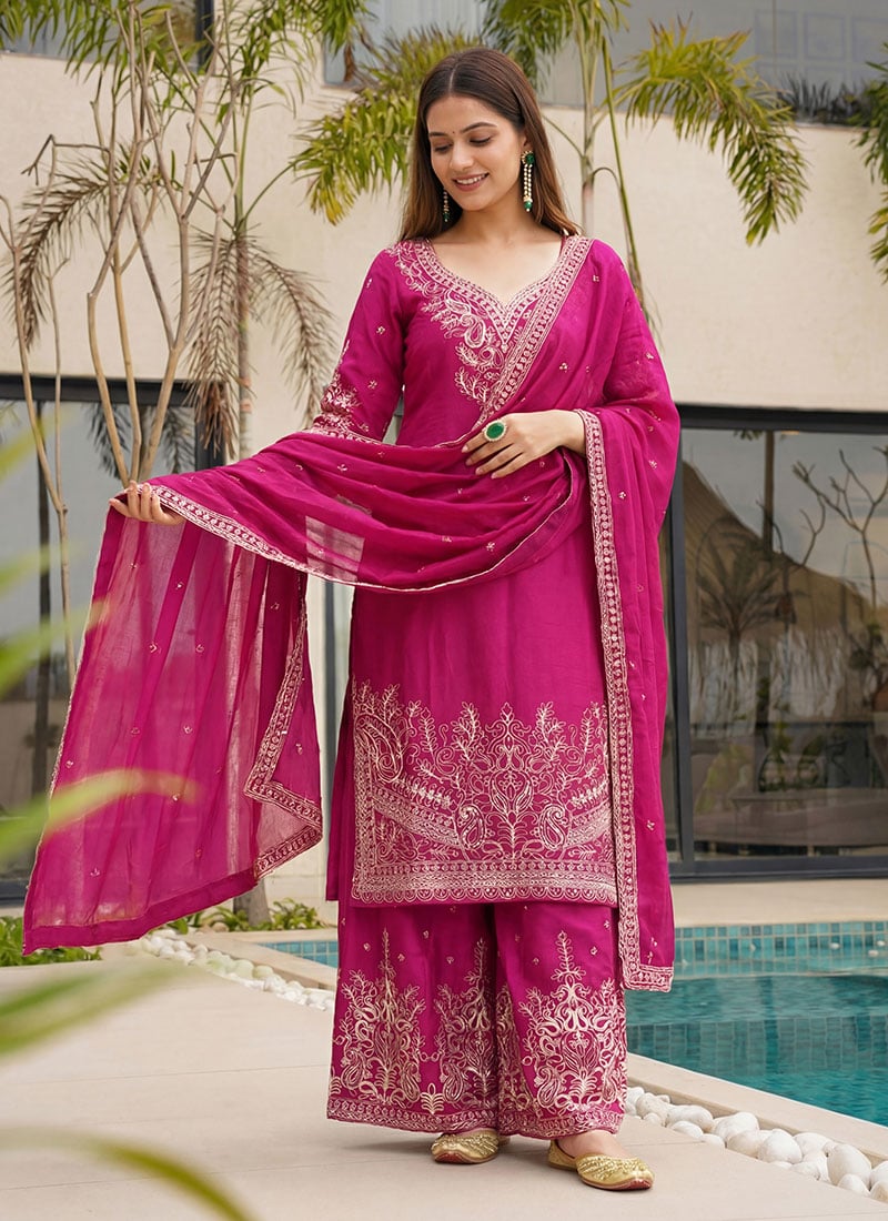 Pink Chinon Silk Embroidered Sequins Zari Palazzo Suit Festive Wear