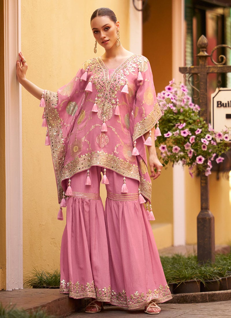 Pink Chinon Silk Gota Work With Embroidered Sequins Kaftan Indowestern Set Festive Wear