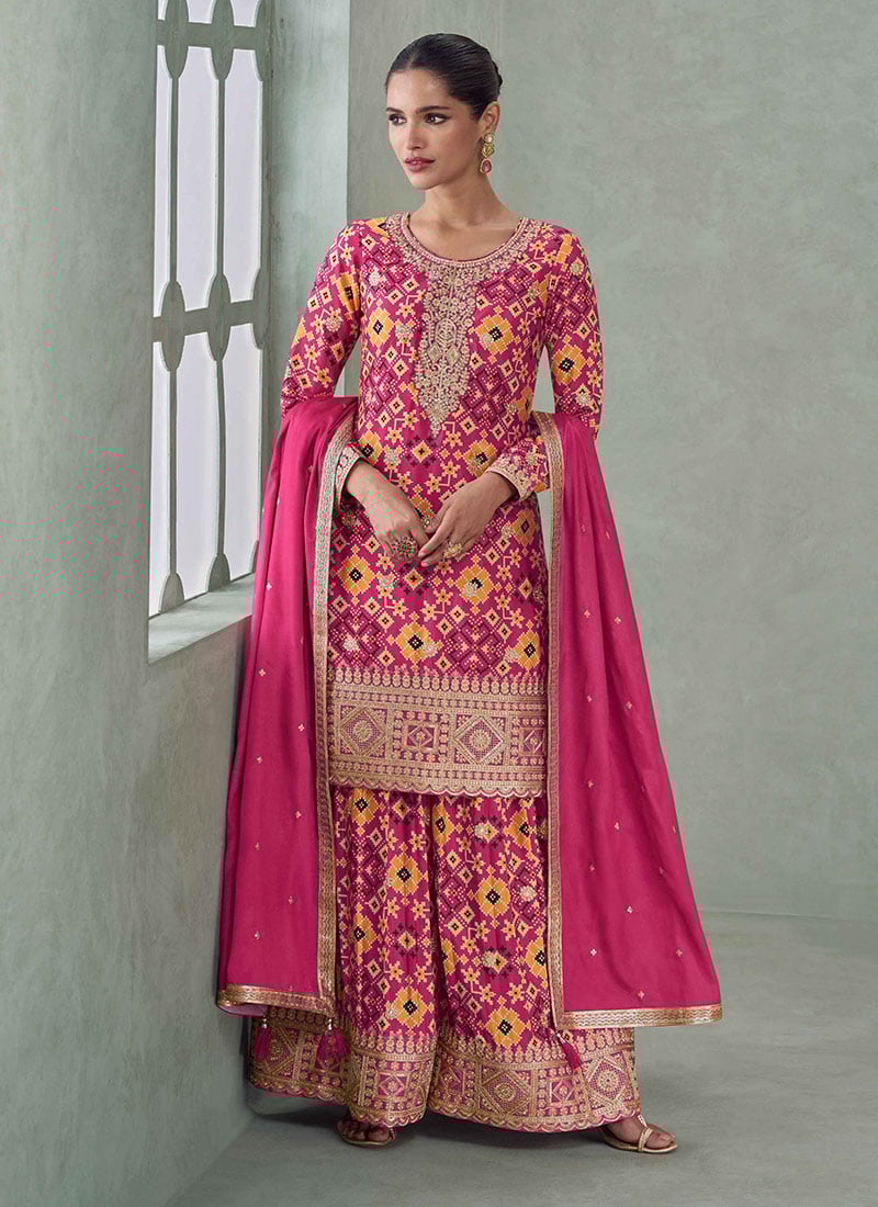 Pink Chinon Silk Ikat Print Zari Embroidered Sequins Palazzo Suit Festive Wear